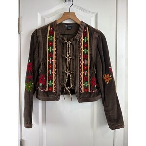 Casual Studio Women's Brown Velvet Multicolor Embroidered Floral Size S Small